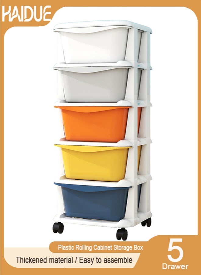 Multicolor 5-Drawer Plastic Rolling Cabinet Clothes Storage Box Organizer with Wheels for Toys Kitchen Container Bathroom Living Room Office and Playroom