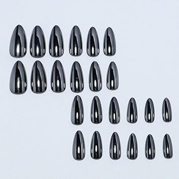24 قطعة أظافر ضغط كروم لوز قصيرة زرقاء داكنة صلبة بيضاوية فرنسية ملصقة للنساء والمراهقات بتصاميم أظافر معدنية مزيفة - Image 4