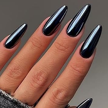 24 قطعة أظافر ضغط كروم لوز قصيرة زرقاء داكنة صلبة بيضاوية فرنسية ملصقة للنساء والمراهقات بتصاميم أظافر معدنية مزيفة - Image 2