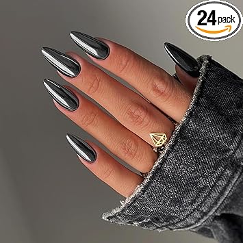 24 قطعة أظافر ضغط كروم لوز قصيرة زرقاء داكنة صلبة بيضاوية فرنسية ملصقة للنساء والمراهقات بتصاميم أظافر معدنية مزيفة - Image 1