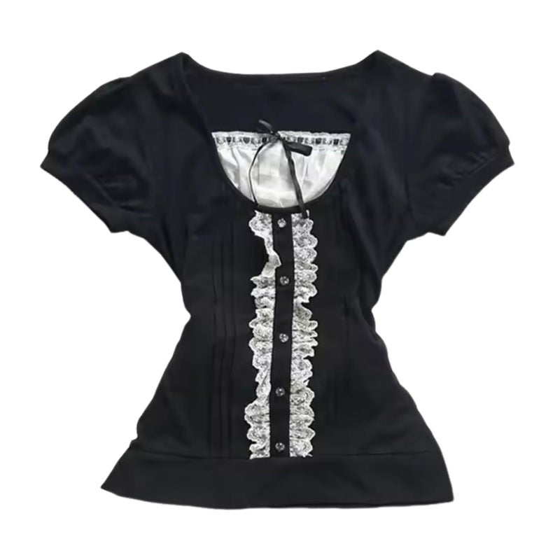 RICHTRUE Grunge Emo Goth Shirts Y2k Lace Bow Coquette Babydoll Top Women Vintage Graphic Tee 2000s Summer Crop Top (Black Lace Bow,Small) - Image 1