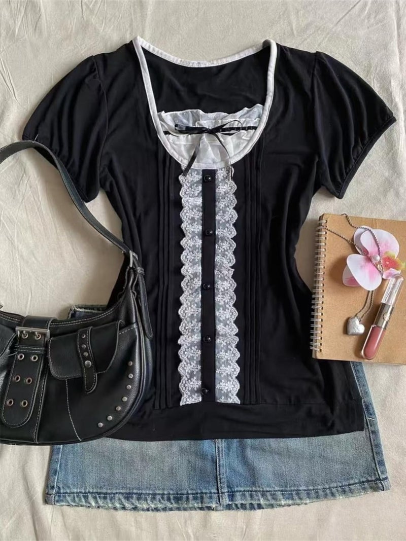RICHTRUE Grunge Emo Goth Shirts Y2k Lace Bow Coquette Babydoll Top Women Vintage Graphic Tee 2000s Summer Crop Top (Black Lace Bow,Small) - Image 4
