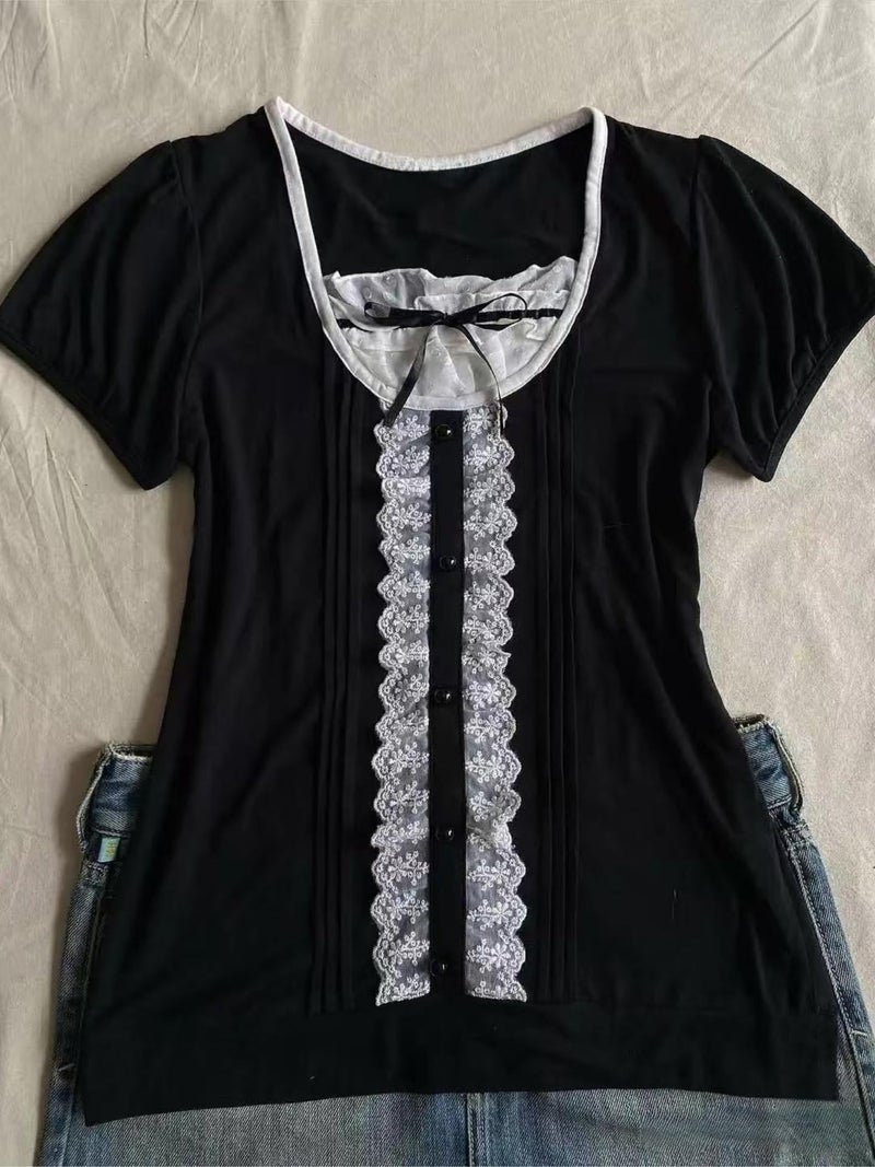 RICHTRUE Grunge Emo Goth Shirts Y2k Lace Bow Coquette Babydoll Top Women Vintage Graphic Tee 2000s Summer Crop Top (Black Lace Bow,Small) - Image 5