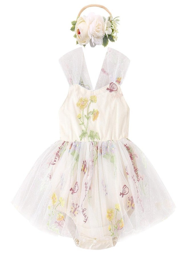 ODASDO Infant Wedding Dress Baby Girl Fairy Tulle Romper Flower Embroidery Princess One-Piece Bodysuit with Headband One Year Old Birthday Party Cake Smash Outfit Newborn Photo Shooting Apricot 9-12 Months - Image 1