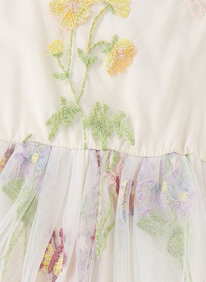ODASDO Infant Wedding Dress Baby Girl Fairy Tulle Romper Flower Embroidery Princess One-Piece Bodysuit with Headband One Year Old Birthday Party Cake Smash Outfit Newborn Photo Shooting Apricot 9-12 Months - Image 4