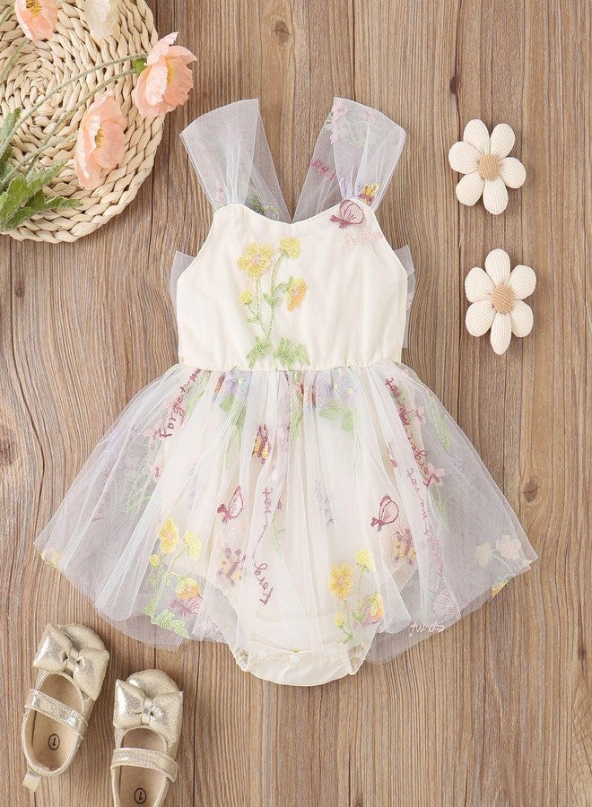 ODASDO Infant Wedding Dress Baby Girl Fairy Tulle Romper Flower Embroidery Princess One-Piece Bodysuit with Headband One Year Old Birthday Party Cake Smash Outfit Newborn Photo Shooting Apricot 9-12 Months - Image 2