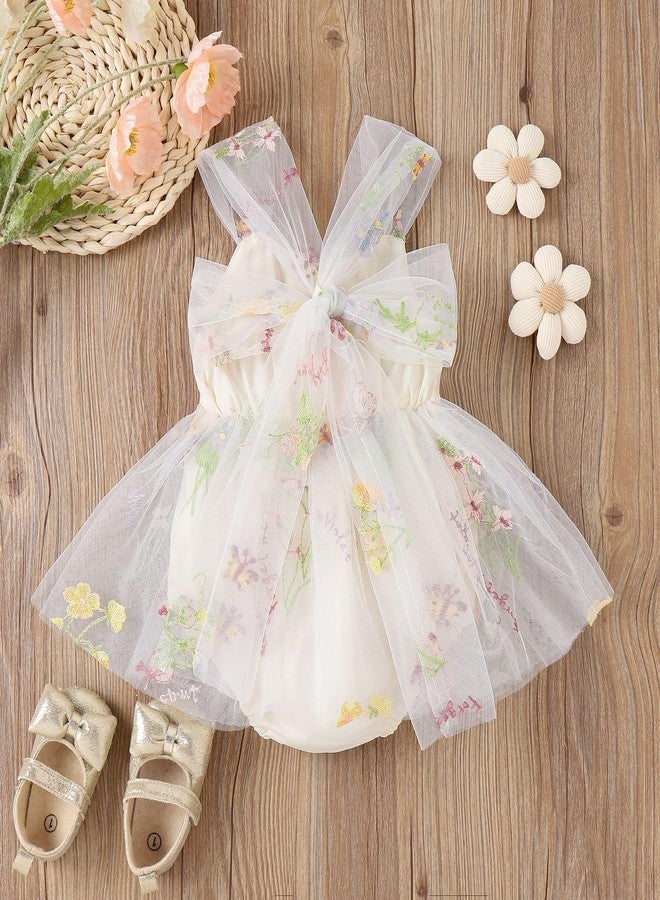 ODASDO Infant Wedding Dress Baby Girl Fairy Tulle Romper Flower Embroidery Princess One-Piece Bodysuit with Headband One Year Old Birthday Party Cake Smash Outfit Newborn Photo Shooting Apricot 9-12 Months - Image 3