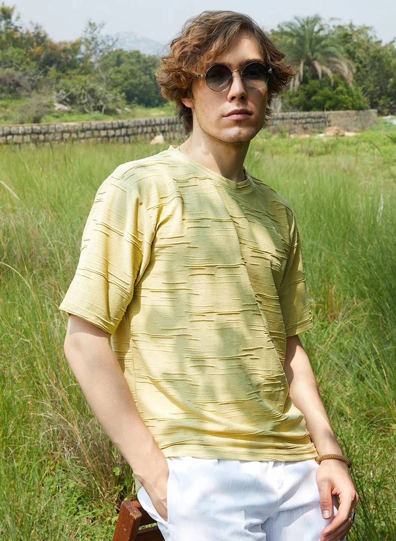 Campus Sutra Men's Naples Yellow Solid Creased T-Shirt