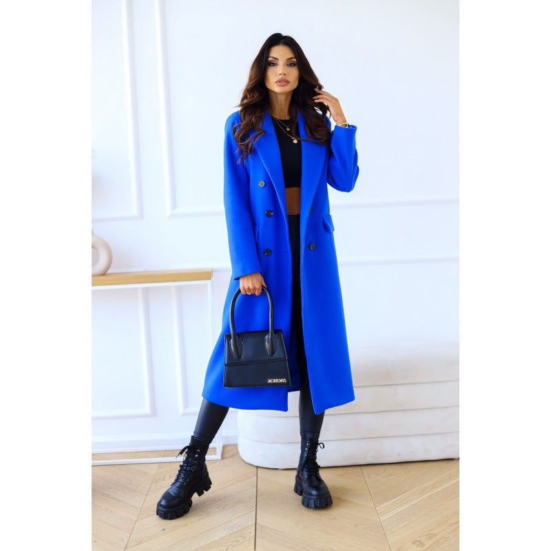 Independent Station EABY Amazon Explosions Autumn and Winter Simple Double-breasted Long-sleeved Lapel Button Woolen Jacket for Women Royal Blue 