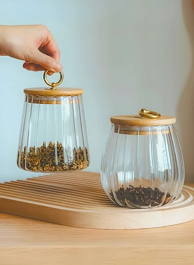 1Chase Borosilicate Glass Storage Jars With Airtight Bamboo Lid And Metal Handle, Set of 2 (Oval & Conical) 600/700ML