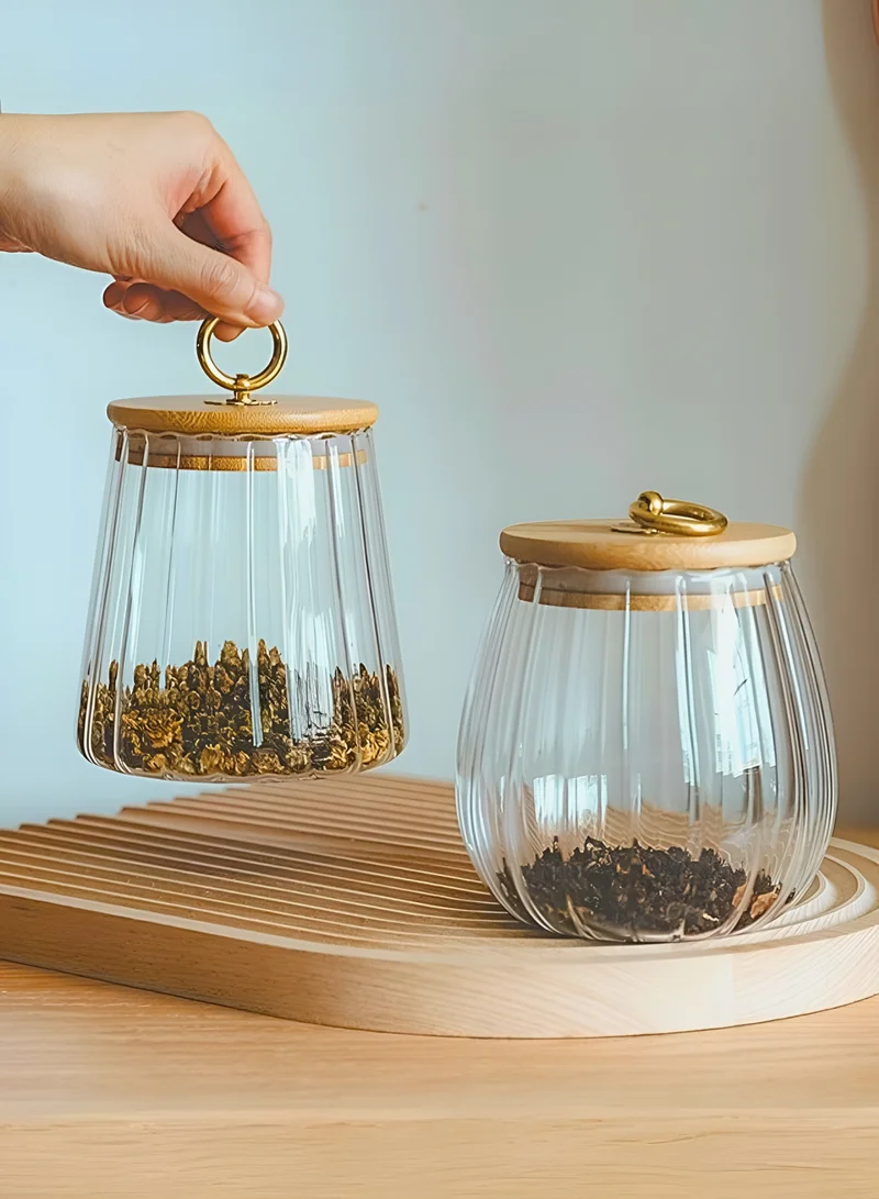1 تشيس برطمانات تخزين زجاجية من البورسليكات مع غطاء محكم من الخيزران ومقبض معدني وحاويات زينة بتلات لتخزين حبوب القهوة والشاي والتوابل وغيرها مجموعة من قطعتين (بيضاوية ومخروطية) 600/700 مل