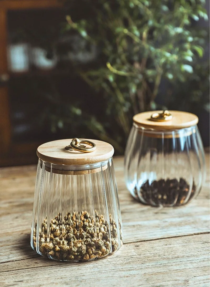 1Chase Borosilicate Glass Storage Jars With Airtight Bamboo Lid And Metal Handle, Set of 2 (Oval & Conical) 600/700ML