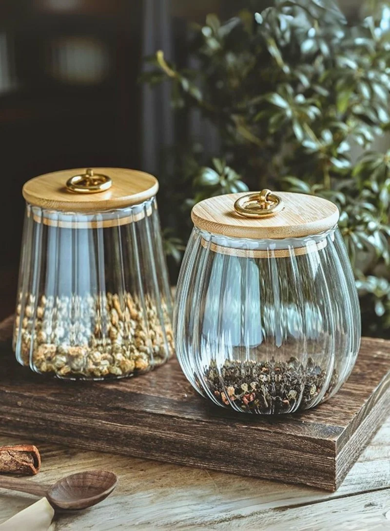 1Chase Borosilicate Glass Storage Jars With Airtight Bamboo Lid And Metal Handle, Set of 2 (Oval & Conical) 600/700ML