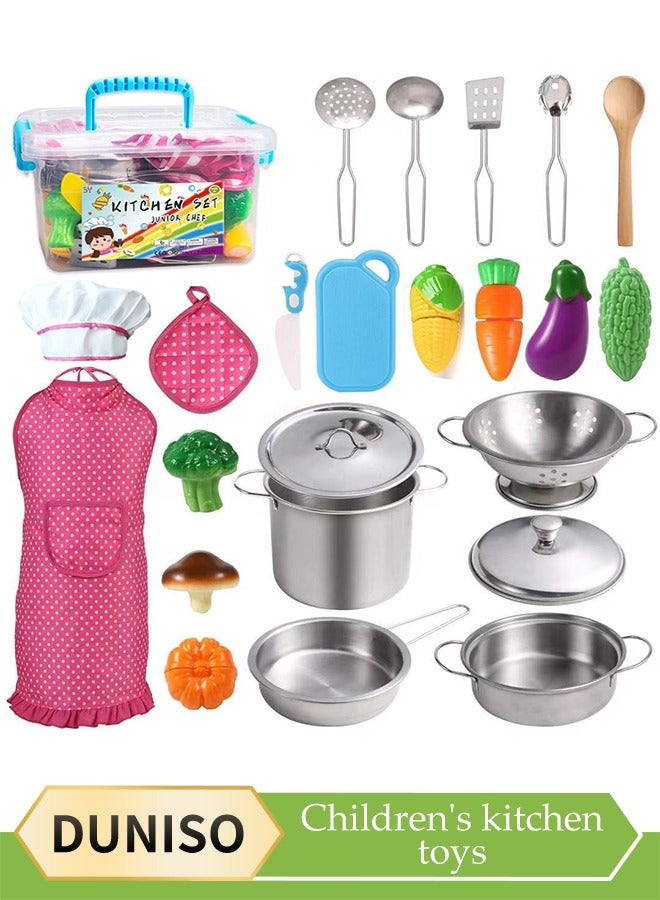 DUNISO 24 Pcs Stainless steel kitchen playset, children's mini pretend cooking utensils, with cooking utensils, apron and chef's hat, suitable for boys and girls aged 4 to 6 years old - Image 1