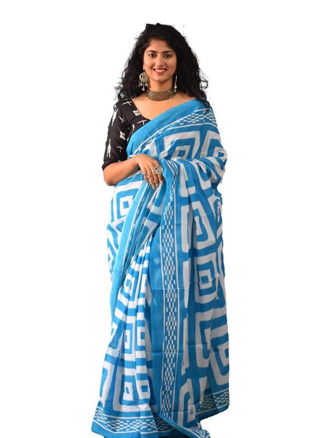 Kiaaron Women's Hand Block Kalamkari Batik Bagru Jaipuri Ikat Printed Handloom Pure Cotton Mulmul Traditional Ethnic Cotton Sarees With Printed Blouse Piece - Sky Blue_White - Image 1