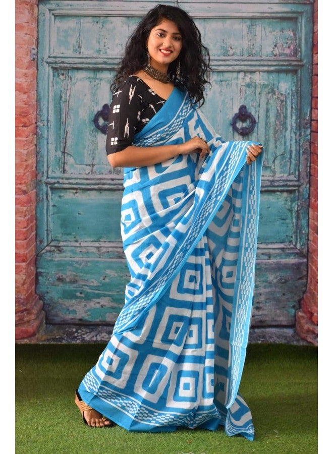 Kiaaron Women's Hand Block Kalamkari Batik Bagru Jaipuri Ikat Printed Handloom Pure Cotton Mulmul Traditional Ethnic Cotton Sarees With Printed Blouse Piece - Sky Blue_White - Image 2