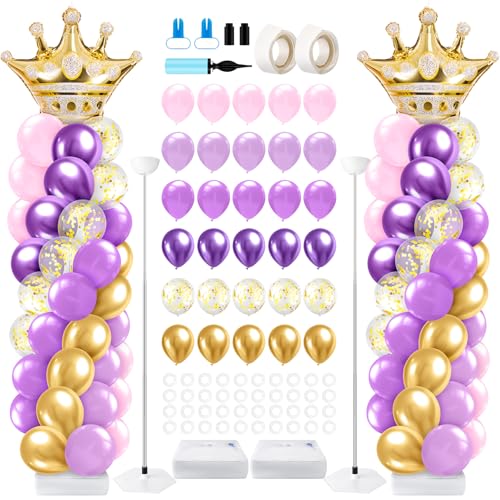 LaRandom 2 Sets Princess Balloon Column Stand Kit with Crown Exploding Star Foil Balloon Purple and Gold Balloons Arch Garland for Princess Birthday Wedding Baby Shower Decorations Party Supplies - Image 1