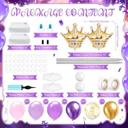 LaRandom 2 Sets Princess Balloon Column Stand Kit with Crown Exploding Star Foil Balloon Purple and Gold Balloons Arch Garland for Princess Birthday Wedding Baby Shower Decorations Party Supplies - Image 5