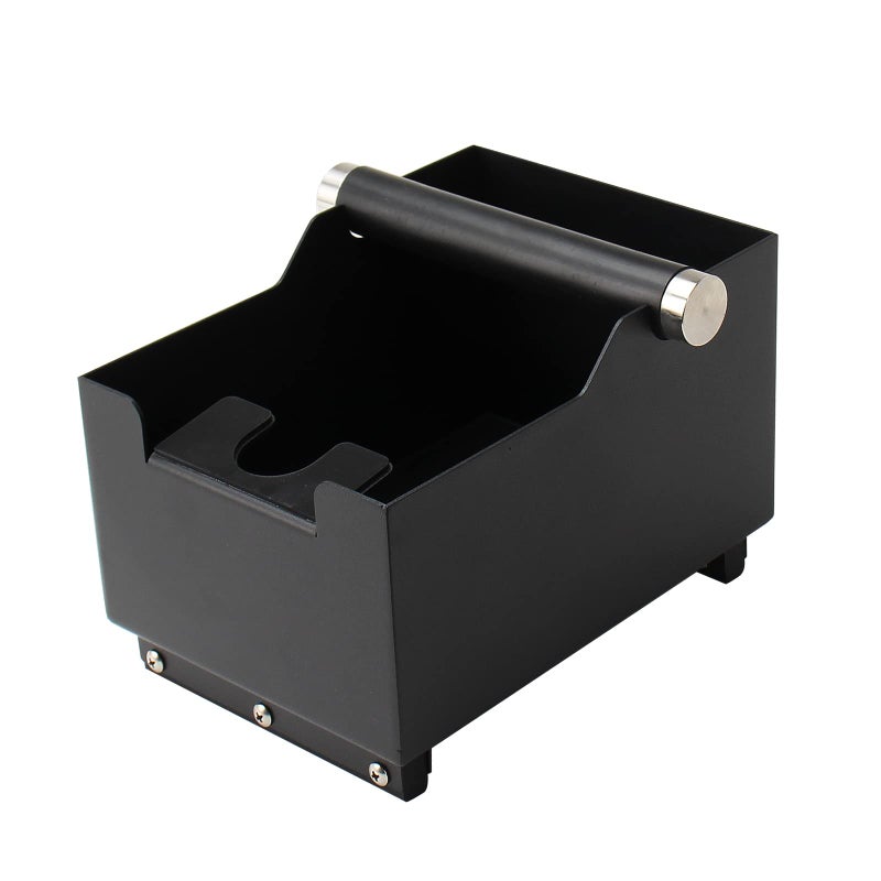 DIBTSA Espresso Knock Box with Coffee Tamping Station Base Stainless Steel Coffee Grounds Knock Box Container Bin with Portafilter Stand Black