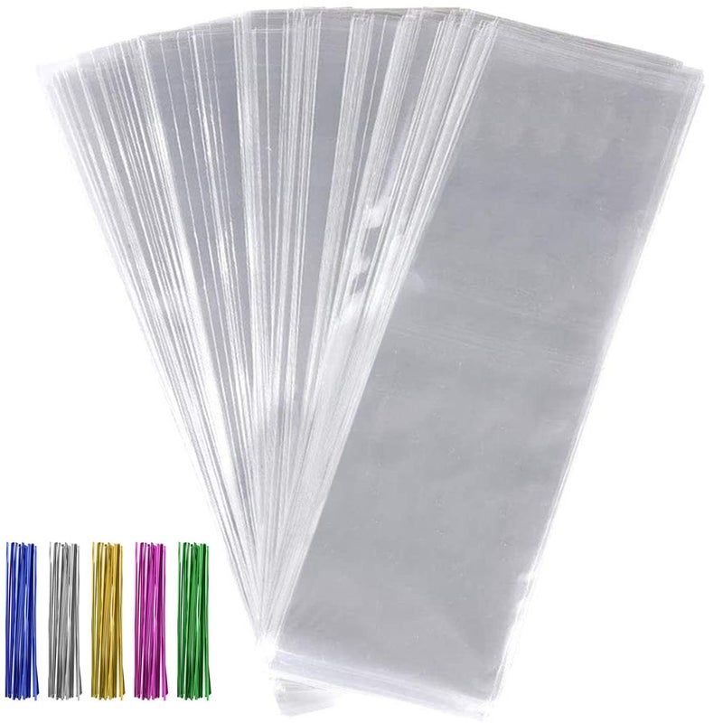 Tecbeauty 600pcs Cello Bags Kit 300pcs 24x10 Long Treat Cellophane Bags Clear Bag 300pcs Colored Ties