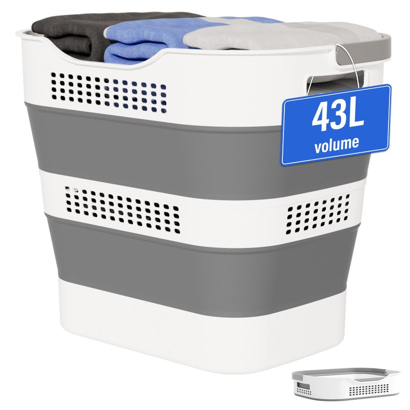 OOAMBB 43L(11.5Gallon) Collapsible Laundry Basket with Handles, Foldable Laundry Basket Plastc,Pop Up Tall Storage Container/Organizer/Clothes Hamper for Laundry (Grey,1 Pack) - Image 1