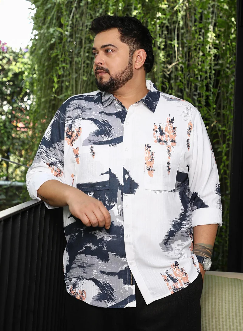 Instafab Plus Men Ethereal-Strokes Relaxed Shirt | Spread Collar, Long Button-Cuff Sleeves | Button Closure, Curved Hem | Abstract Print Woven Fabric For Plus Size Casual & Daily Wear | Blue & Cream