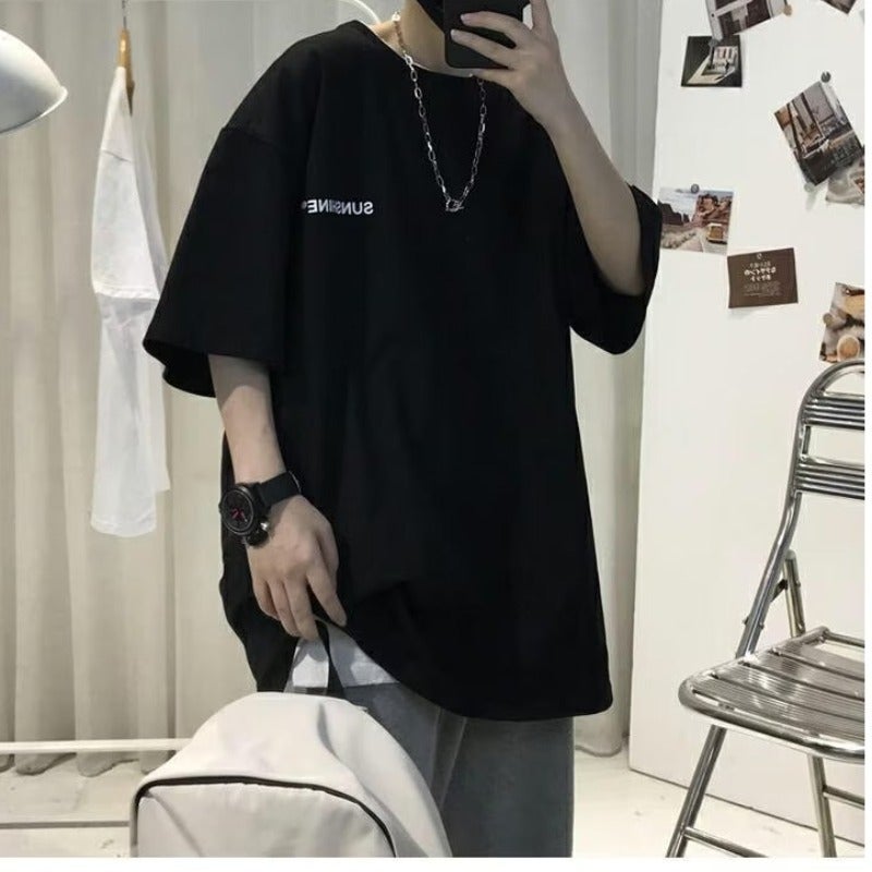 Mens Fashion Loose Tee Short Sleeve Streetwear Summer Black