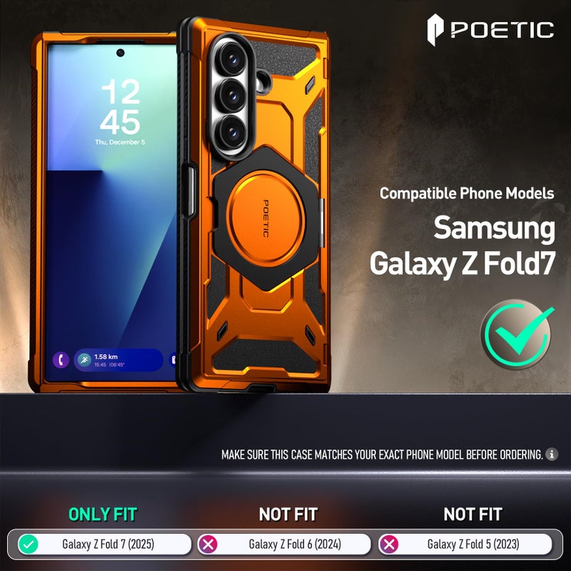 Poetic Spartan for Samsung Galaxy Z Fold 7 Case, [Hinge Protection][Magnetic Ring Adjustable Stand][Built-in Screen Protector][Compatible with MagSafe] Full-Body Rugged Phone Case, Metallic Orange - Image 2