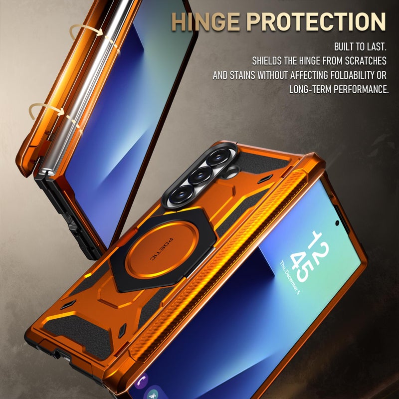 Poetic Spartan for Samsung Galaxy Z Fold 7 Case, [Hinge Protection][Magnetic Ring Adjustable Stand][Built-in Screen Protector][Compatible with MagSafe] Full-Body Rugged Phone Case, Metallic Orange - Image 5