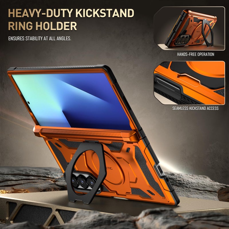 Poetic Spartan for Samsung Galaxy Z Fold 7 Case, [Hinge Protection][Magnetic Ring Adjustable Stand][Built-in Screen Protector][Compatible with MagSafe] Full-Body Rugged Phone Case, Metallic Orange - Image 4