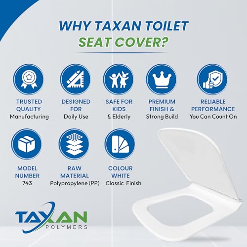 TAXAN POLYMERS TAXAN Squaricle Toilet Seat Cover (44cm x 34cm) | Hydraulic Soft Close Mechanism | Heavy Duty Polypropylene Western Commode Seat with DIY Installation Kit | Glossy White Finish - Image 4