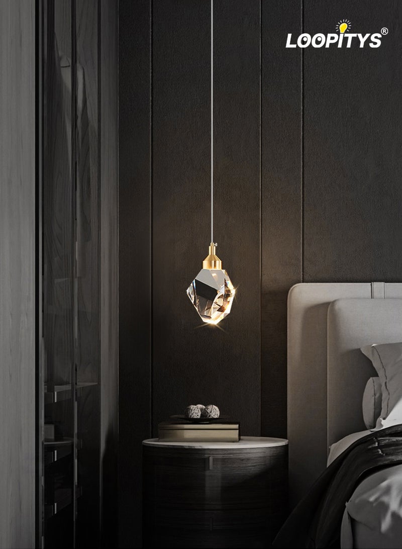 LOOPITYS Modern crystal chandelier, LED crystal chandelier (three color temperature 3000K-6000K, gold, diameter 10cm/3.9 inches, adjustable length 150cm), gold ceiling chandelier, suitable for kitchen, bedroom, dining room, living room - Image 1