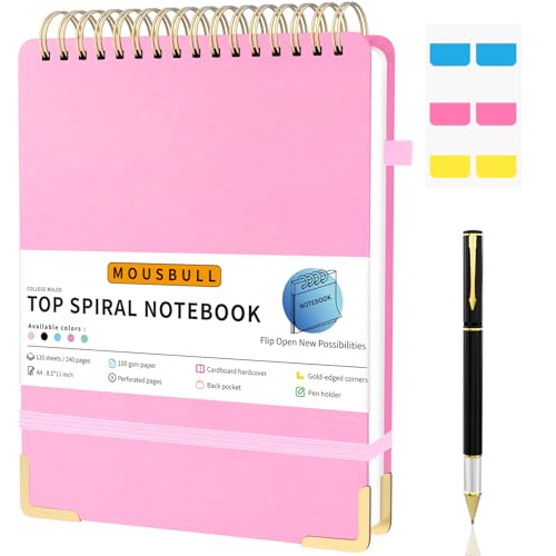 Mousbull Top Spiral Notebook, A4 Hardcover Top Bound Steno Pads, 240 Pages 100gsm College Ruled Left Handed Notebook Journal for Work, School, Meeting Writing - Pink, 8.5" x 11" - Image 1