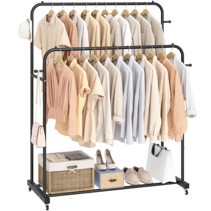Laiensia Double Rods Garment Rack with Wheels Clothing Rack for Hanging Clothes4 Hooks Multifunctional Bedroom Clothes Rack Black