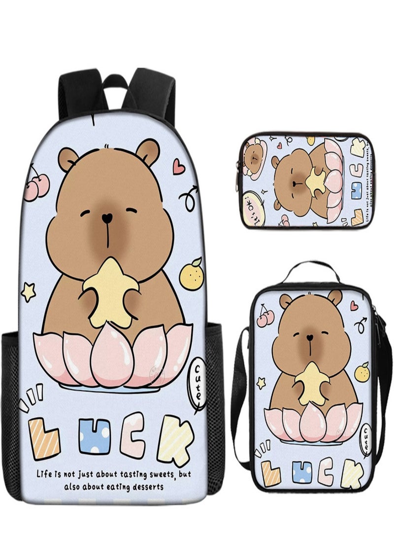 Capybara Children Backpack Schoolbag Teen Student School Book bag with Lunch Box Pen Case 3 in 1 for Kids