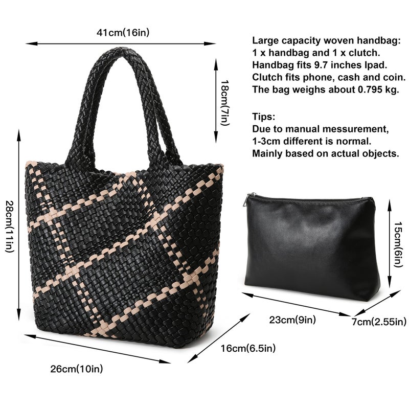 Queenoris Fashion Woven Tote Bag for Women, Shopper Bag Soft Vegan Leather Hand-woven Handbag with Purse (Black+White Embellishment) - Image 3