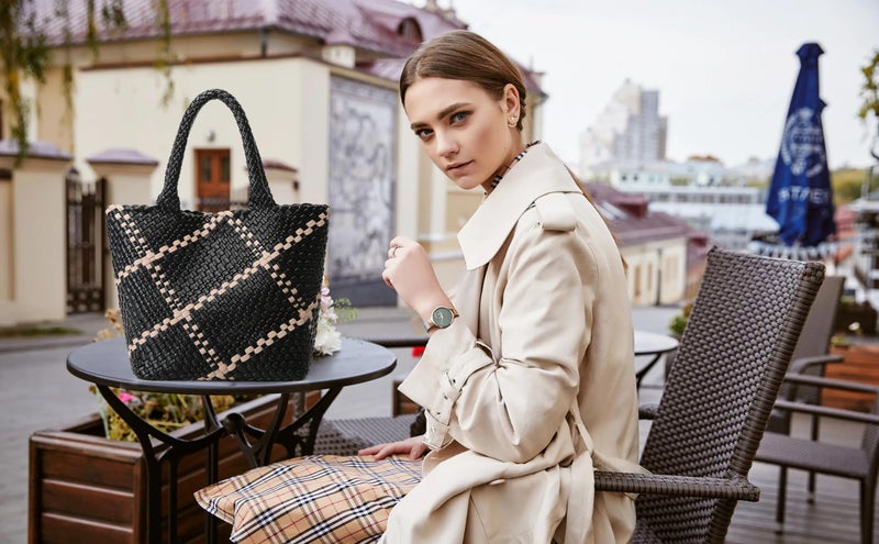 Queenoris Fashion Woven Tote Bag for Women, Shopper Bag Soft Vegan Leather Hand-woven Handbag with Purse (Black+White Embellishment) - Image 2