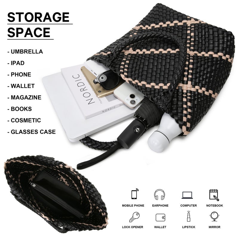 Queenoris Fashion Woven Tote Bag for Women, Shopper Bag Soft Vegan Leather Hand-woven Handbag with Purse (Black+White Embellishment) - Image 4