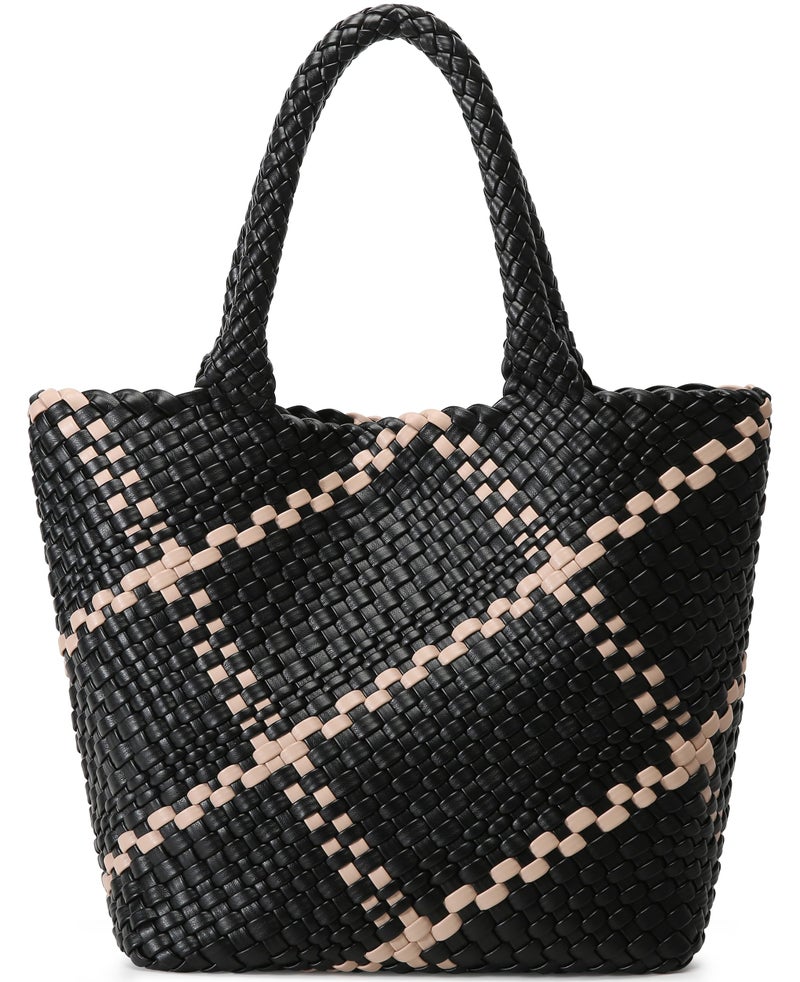 Queenoris Fashion Woven Tote Bag for Women, Shopper Bag Soft Vegan Leather Hand-woven Handbag with Purse (Black+White Embellishment) - Image 1