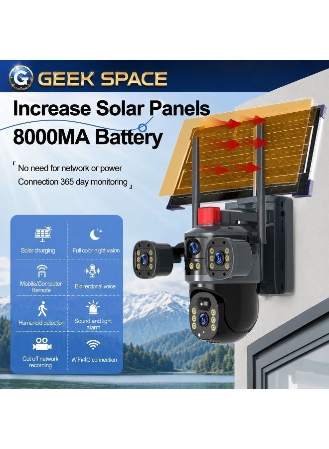 GEEK SPACE Solar Security Camera Outdoor WiFi 6MP Triple Lens PTZ Wireless CCTV Surveillance Camera with 360° Pan Tilt, AI Human Detection, Full Color Night Vision, Two-Way Audio, 8000mAh Rechargeable Battery, IP65 Waterproof, Remote Monitoring, SD Card Support - Image 2