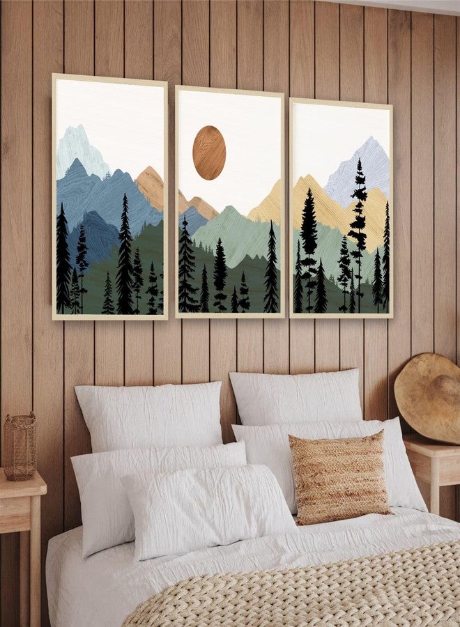 Artsense Mountain Landscape Wall Art Set of 3 Frames - 16x24 Inch Large Nature Prints with Forest, Mountains & Sun - Modern Scenic Vinyl Artwork with Plexiglass for Living Room, Bedroom, Office & Home Decor - Ready to Hang - Image 2