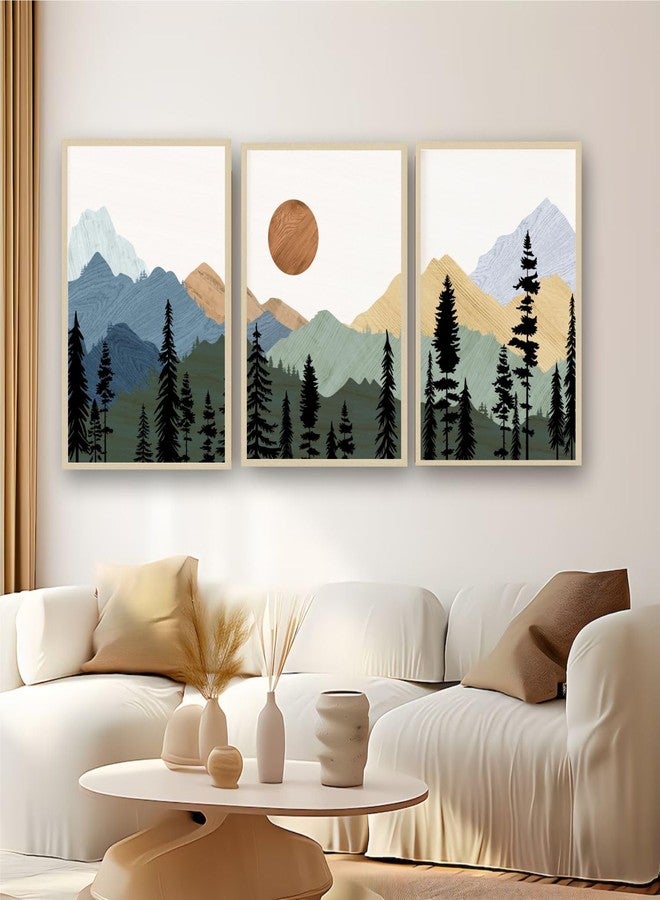 Artsense Mountain Landscape Wall Art Set of 3 Frames - 16x24 Inch Large Nature Prints with Forest, Mountains & Sun - Modern Scenic Vinyl Artwork with Plexiglass for Living Room, Bedroom, Office & Home Decor - Ready to Hang - Image 1