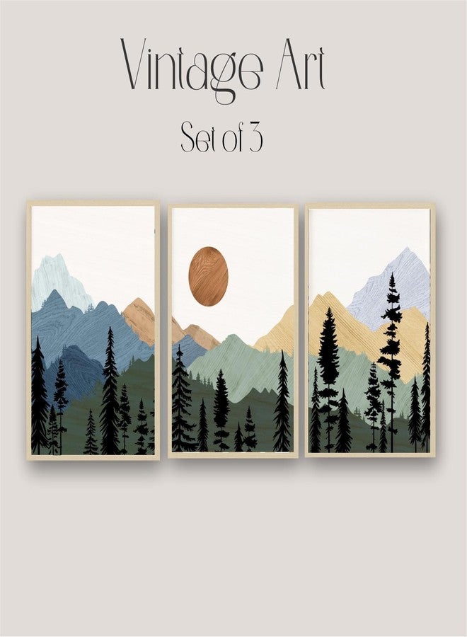 Artsense Mountain Landscape Wall Art Set of 3 Frames - 16x24 Inch Large Nature Prints with Forest, Mountains & Sun - Modern Scenic Vinyl Artwork with Plexiglass for Living Room, Bedroom, Office & Home Decor - Ready to Hang - Image 3