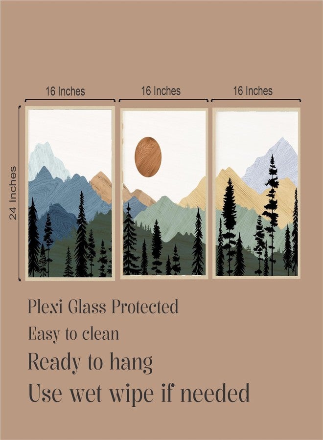Artsense Mountain Landscape Wall Art Set of 3 Frames - 16x24 Inch Large Nature Prints with Forest, Mountains & Sun - Modern Scenic Vinyl Artwork with Plexiglass for Living Room, Bedroom, Office & Home Decor - Ready to Hang - Image 4