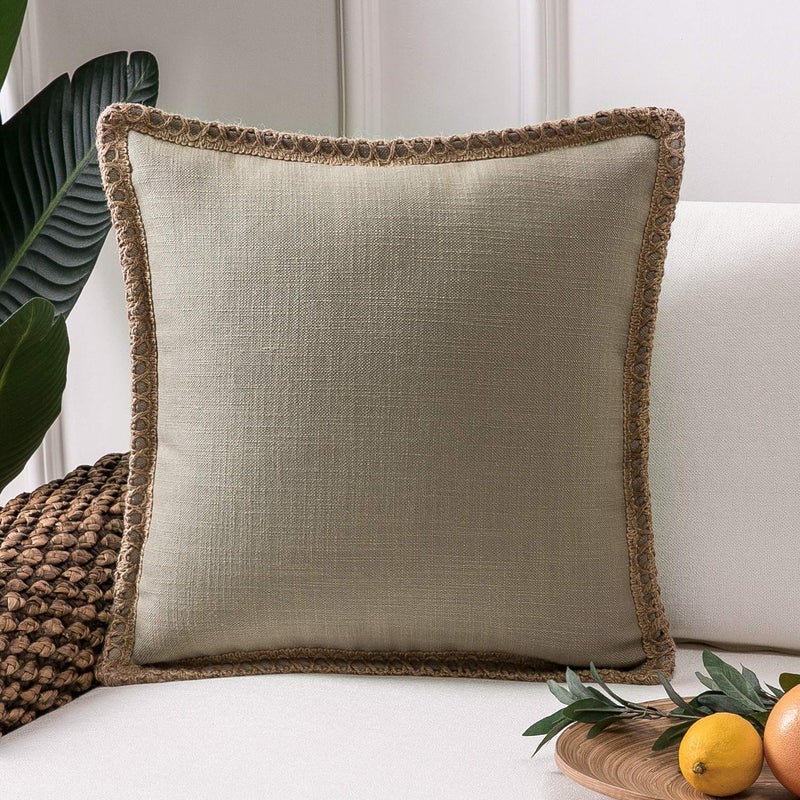 Phantoscope Farmhouse Solid Throw Decorative Pillow Cover Burlap Linen Trimmed Tailored Edges Outdoor Pillow Beige 18 x 18 inches, 45 x 45 cm - Image 1