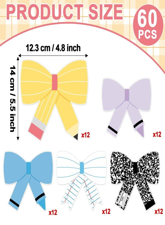 OBUSATT 60 Pcs Back to School Bow Cutouts Classroom Decorations Composition Notebook Bulletin Board Decorations Set Pencil Crayon Bowtie Paper Accents for Back to School Office Home Chalkboard Door Wall Decor - Image 2