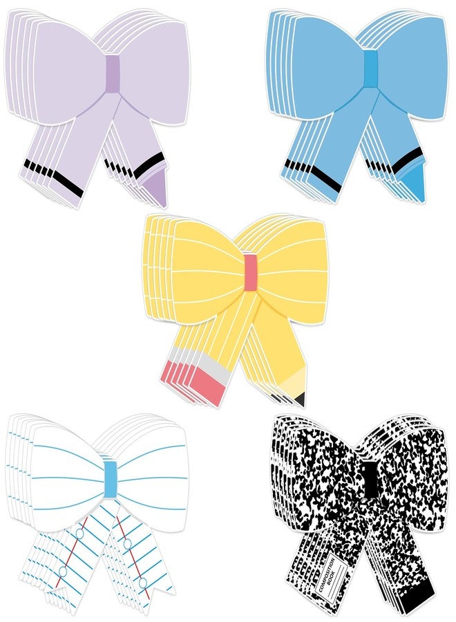 OBUSATT 60 Pcs Back to School Bow Cutouts Classroom Decorations Composition Notebook Bulletin Board Decorations Set Pencil Crayon Bowtie Paper Accents for Back to School Office Home Chalkboard Door Wall Decor - Image 1