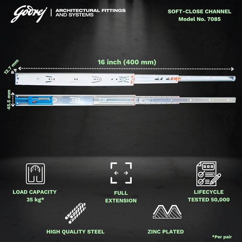 Godrej Locking Solutions and Systems GODREJ Drawer Channel Soft Close Drawer Channel Length 16inch 35kg Capacity 100 Extension Strong and Smooth Operation for Wooden and Metal Drawers in Kitchen Wardrobe Office  - Image 2