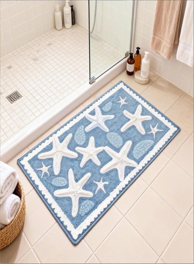 Moorfowl Starfish Seashell Bath Mat Ocean Sea Theme, 15.75" W x 24.02" L, Soft and Absorbent Blue Bathroom Rugs Non-Slip Washable Beach Door Mat for Kitchen Bedroom Laundry Entryway Decor - Image 1