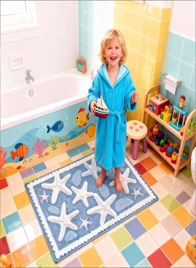 Moorfowl Starfish Seashell Bath Mat Ocean Sea Theme, 15.75" W x 24.02" L, Soft and Absorbent Blue Bathroom Rugs Non-Slip Washable Beach Door Mat for Kitchen Bedroom Laundry Entryway Decor - Image 3